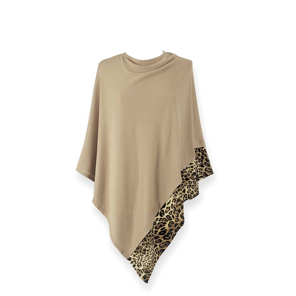 4959 Leopard Trim Poncho | Lightweight Knit Fashionable Shawl Wrap